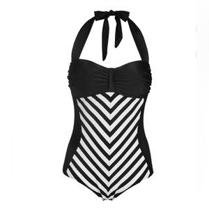 Cup she retro black and white stripe bathing suit Large